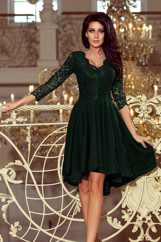 Numoco 210-3 NICOLLE - dress with longer back with lace neckline - dark green
