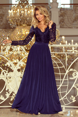 Numoco 214-1 MADLEN long dress with lace neckline and long sleeves - dark blue
