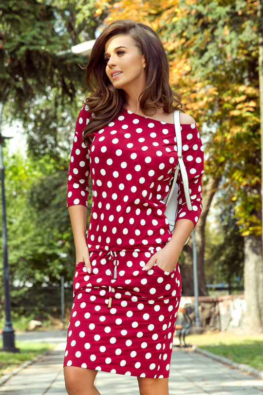Numoco 13-111 Sports dress with binding and pockets - burgundy + polka dots