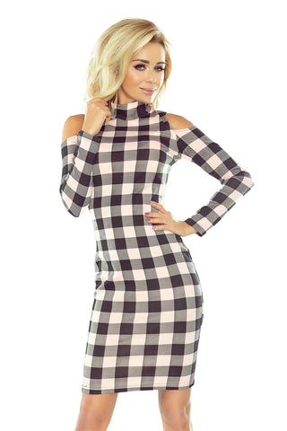 Numoco 165-1 Dress in black and pink check with semi-golf and holes on the shoulders