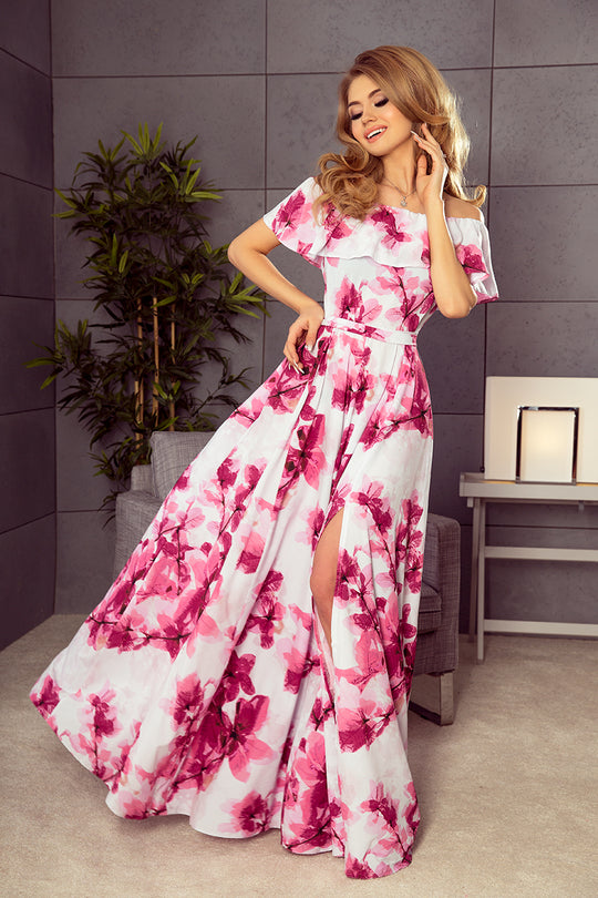 Numoco 194-2 Long dress with frill - big pink flowers