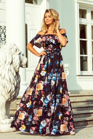 Numoco 194-3 Long dress with frill - black + colorful flowers