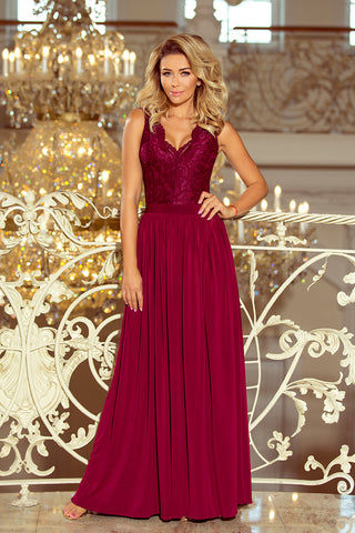 Numoco 211-2 LEA long dress with lace neckline - Burgundy color