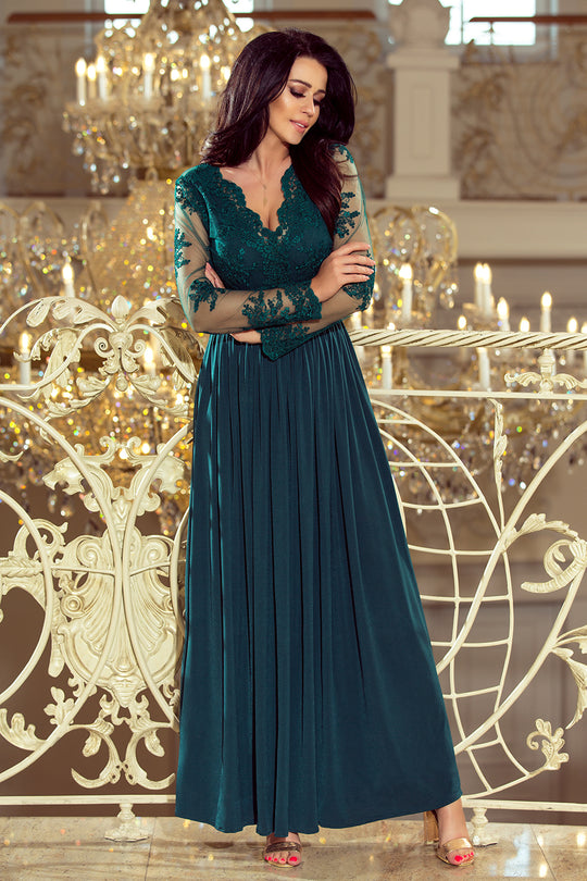 Numoco 213-1 ARATI long dress with embroidered neckline and long sleeves - dark green