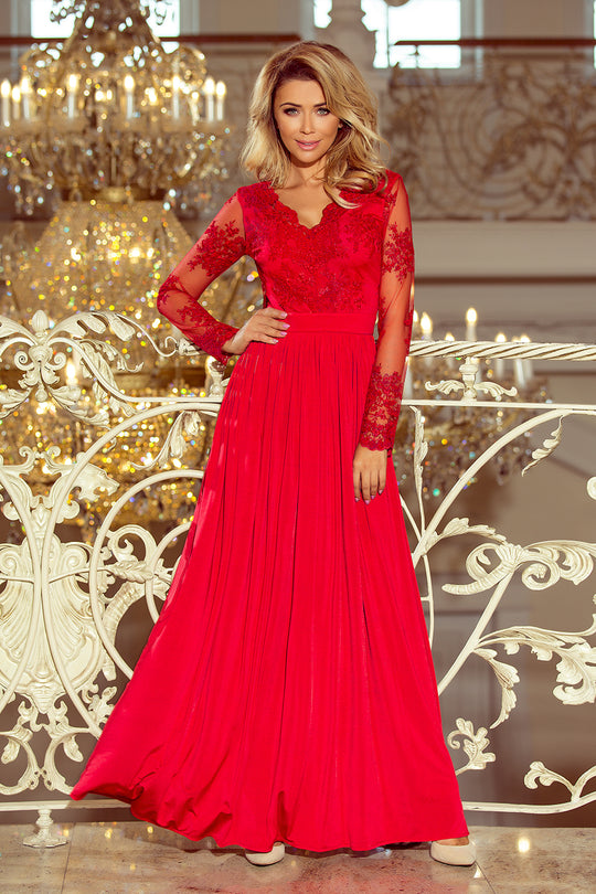 Numoco 213-3 ARATI long dress with embroidered neckline and long sleeves - red color