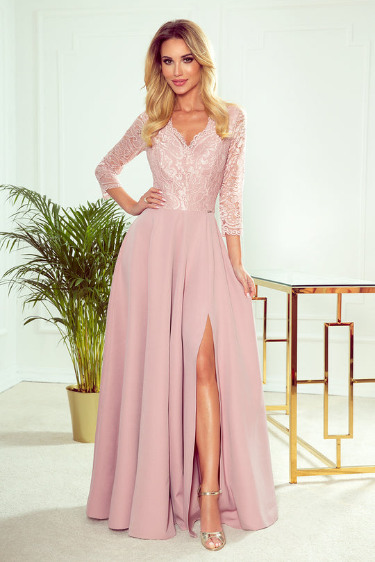 Numoco 309-4 AMBER elegant lace long dress with a neckline - dirty pink