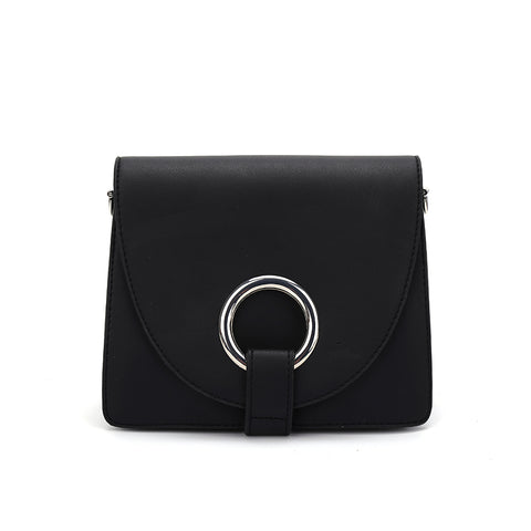 CT28176 BLACK - Solid Color Cross-Body Bag With Metal Ring And Flap Decoration (was £8)
