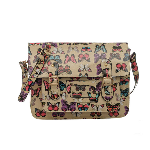 QQ1803 Beige - Cambridge Style Butterfly Printing Satchels Messenger Bag