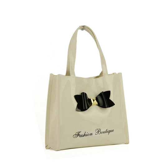 QQ2021-2 Beige  -  Contrast Color Design Bowknot Decoration Patent Women Handbag
