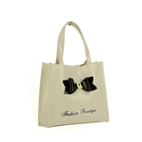 QQ2021-2 Beige  -  Contrast Color Design Bowknot Decoration Patent Women Handbag