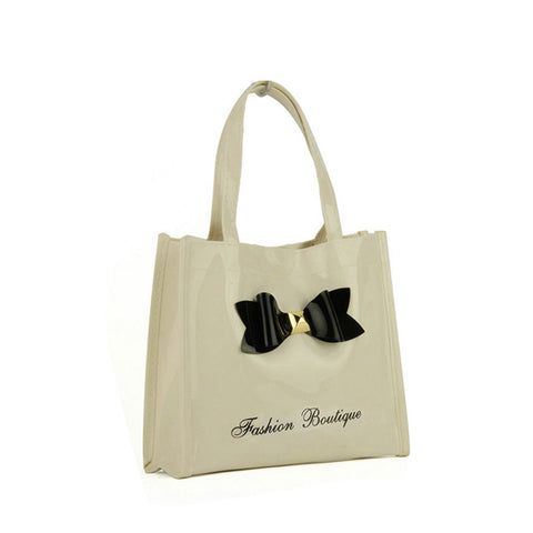 QQ2021-2 Beige  -  Contrast Color Design Bowknot Decoration Patent Women Handbag