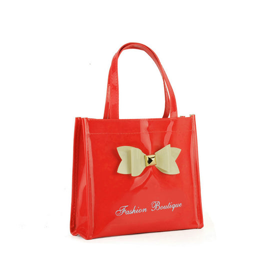 QQ2021-2 Watermelon red  -  Contrast Color Design Bowknot Decoration Patent Women Handbag