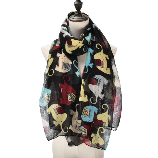 SF1026 Black - Girl Elephant Print Lightweight Scarf