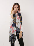 SF1116 Navy - Stripe Scarf And Shawl With Anchor & Rudder Pattern