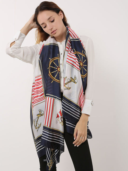 SF1116 Navy - Stripe Scarf And Shawl With Anchor & Rudder Pattern