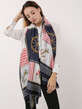SF1116 Navy - Stripe Scarf And Shawl With Anchor & Rudder Pattern