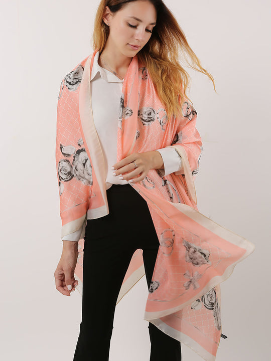 SF1120 Pink - Floral Pattern Scarf And Shawl With Cross Lines