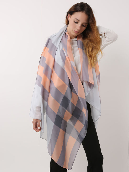 SF1121 Grey - Contrasting Colors Lattice Pattern Scarf And Shawl
