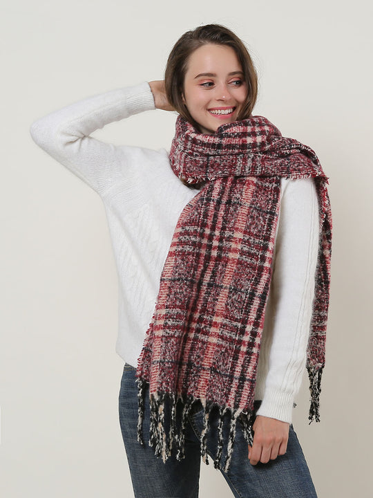 SF1130 Red â€“ Variegated Color Lattice Pattern Scarf With Tassels