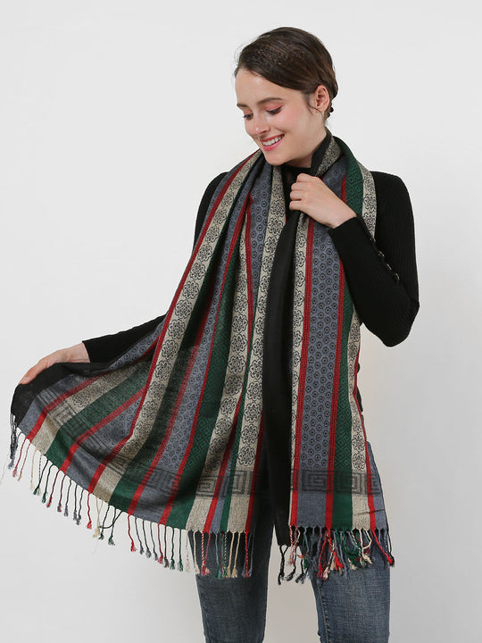 SF1132 Black - Various Pattern Scarf With Colorful Tassels