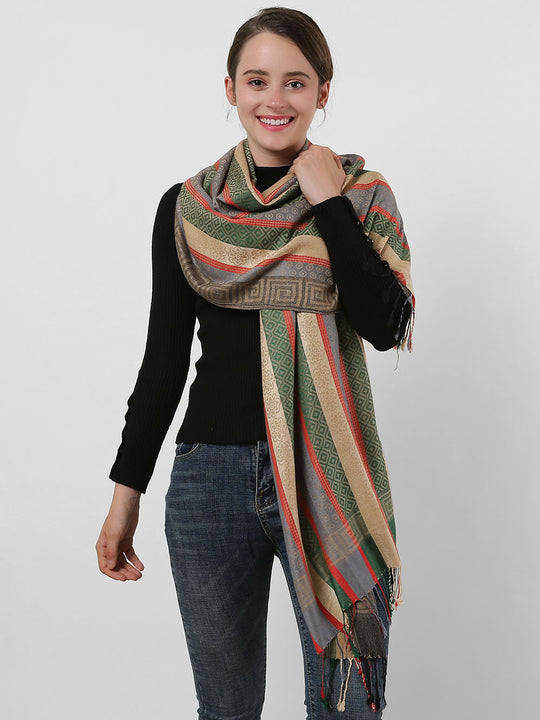 SF1132 Camel - Various Pattern Scarf With Colorful Tassels