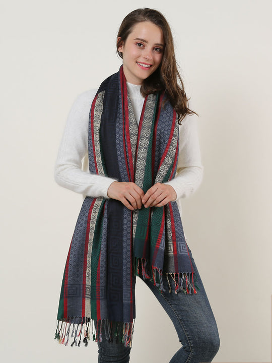 SF1132 Navy - Various Pattern Scarf With Colorful Tassels