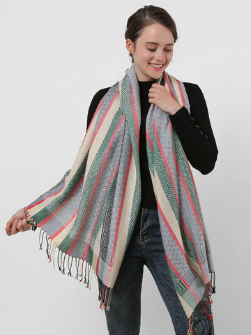SF1132 White - Various Pattern Scarf With Colorful Tassels