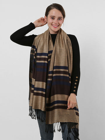 SF1133 Camel - Textured Patchwork Stripe Scarf With Tassels