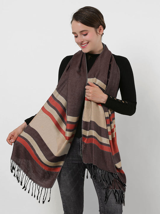 SF1133 Coffee - Textured Patchwork Stripe Scarf With Tassels