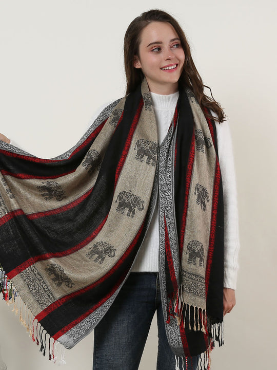 SF1134 Black - Elephant Pattern Scarf With Tassels