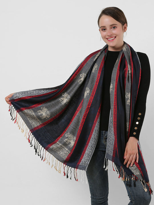 SF1134 Navy - Elephant Pattern Scarf With Tassels