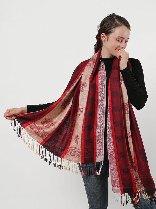 SF1134 Red - Elephant Pattern Scarf With Tassels