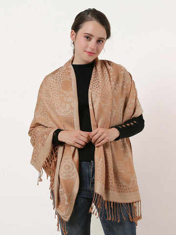 SF1135 Beige - Retro Pattern Scarf With Tassels