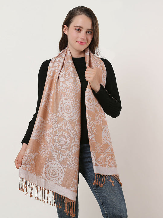 SF1135 White - Retro Pattern Scarf With Tassels