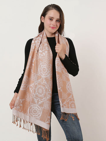 SF1135 White - Retro Pattern Scarf With Tassels