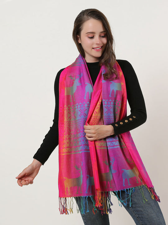 SF1137-1 - Rainbow Color Elk Pattern Scarf With Tassels
