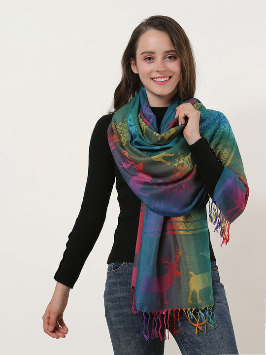 SF1137-2 - Rainbow Color Elk Pattern Scarf With Tassels