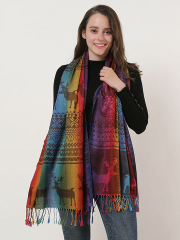 SF1137-3 - Rainbow Color Elk Pattern Scarf With Tassels