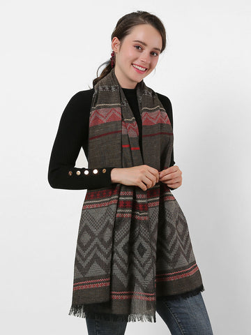 SF1141 Khaki - Geometric Pattern Scarf With Tassels