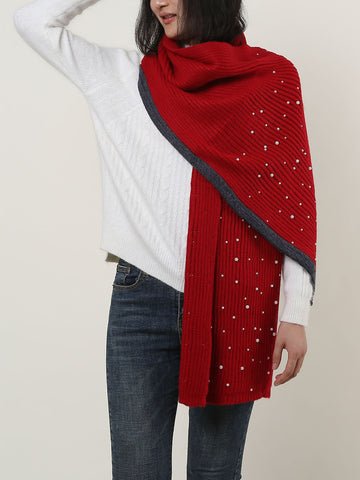 SF1151 Red - Pure Color Scarf With Pearls Decoration