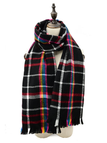 SF1153 Black - Rainbow Color Lattice Pattern Scarf With Tassel For Women