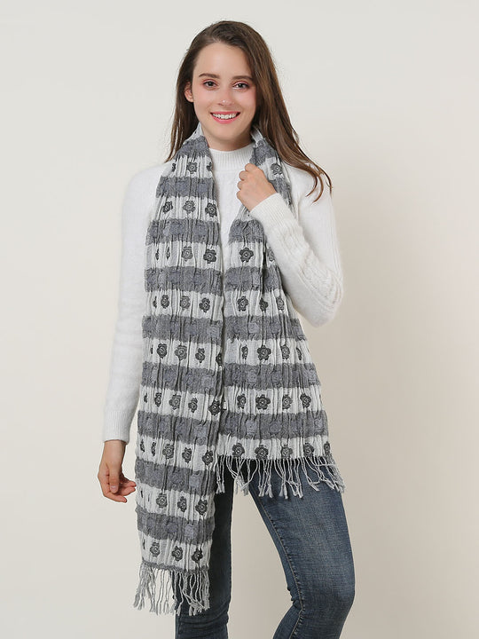 SF1155-1-BLK - Floral Pattern Scarf With Tassels Trims