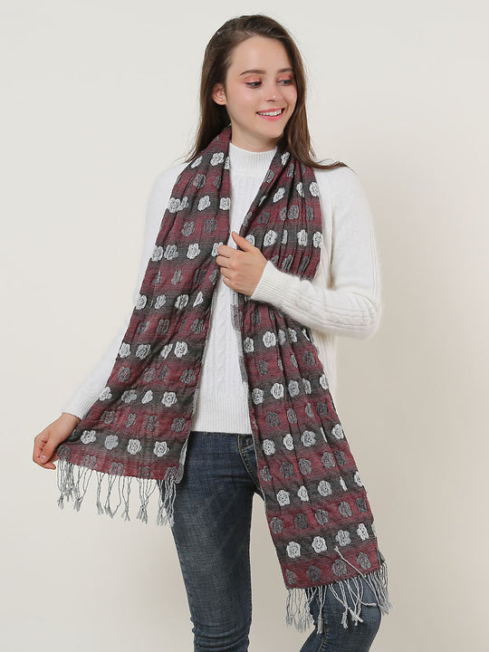 SF1155-1-RED - Floral Pattern Scarf With Tassels Trims