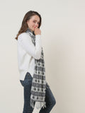 SF1155 Black - Floral Pattern Scarf With Tassels Trims