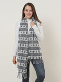 SF1155 Black - Floral Pattern Scarf With Tassels Trims