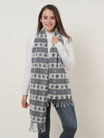 SF1155 Black - Floral Pattern Scarf With Tassels Trims