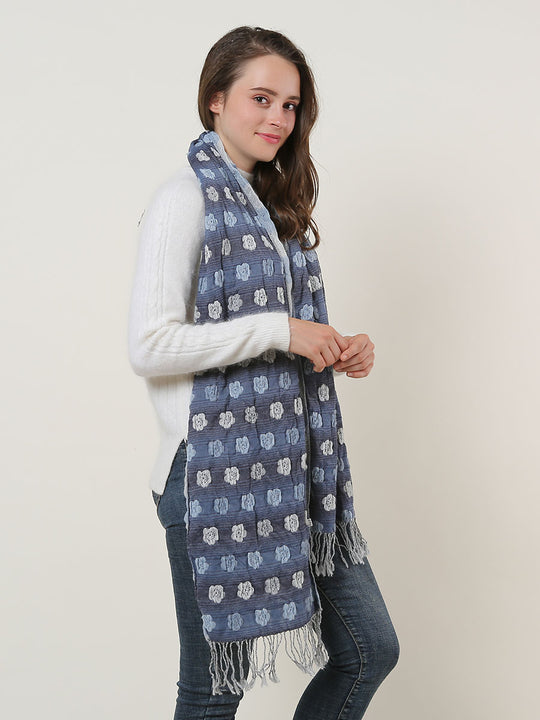 SF1155 Blue - Floral Pattern Scarf With Tassels Trims