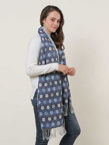 SF1155 Blue - Floral Pattern Scarf With Tassels Trims