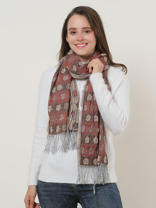 SF1155 Orange - Floral Pattern Scarf With Tassels Trims