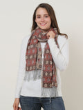 SF1155 Orange - Floral Pattern Scarf With Tassels Trims